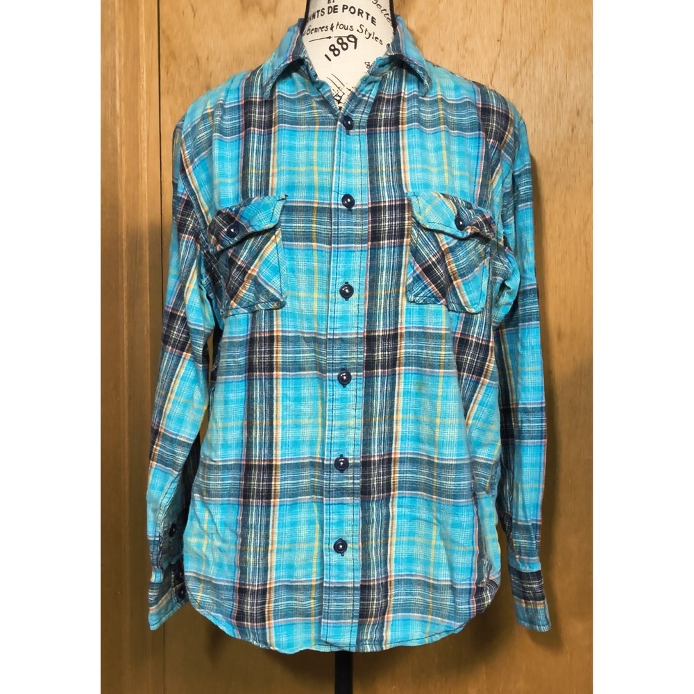 Arizona Jeans Co Men's M Turquoise Blue‎ Flannel Shirt Navy Yellow Multi Plaid